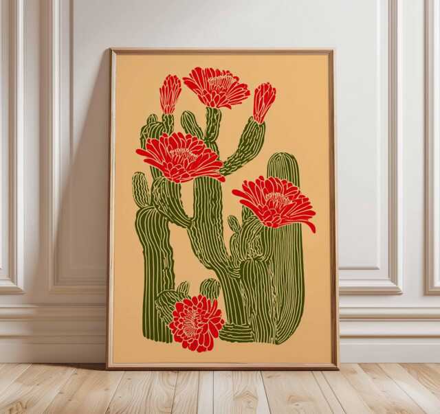 Cactus Wall Art Print, Botanical Linocut Poster, Modern Desert Plant Illustration, Bold Floral Artwork, Southwestern Home Decor - image 1