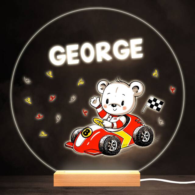 Bear Driving Racing Car Colourful Round Personalised Gift Led Lamp Night Light - Bedroom - image 1