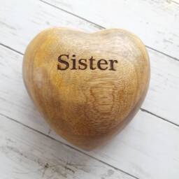 Large Sister Engraved Mango Wood Hand Carved Heart Ornament - Hanging Decoration Rustic Gift - thumbnail 2