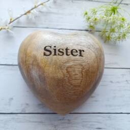 Large Sister Engraved Mango Wood Hand Carved Heart Ornament - Hanging Decoration Rustic Gift - thumbnail 1