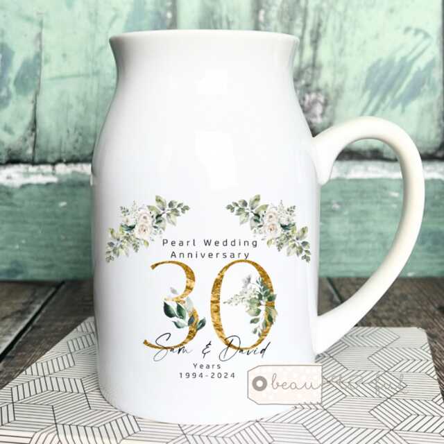 Personalised Pearl Wedding Anniversary Gift Silver Tin Golden Diamond Floral Ceramic Small Vase Jug Mug - image 1