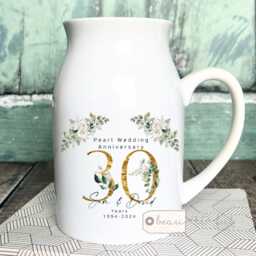 Personalised Pearl Wedding Anniversary Gift Silver Tin Golden Diamond Floral Ceramic Small Vase Jug Mug - thumbnail 1