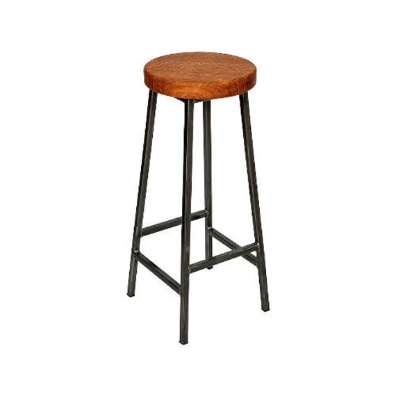 Bertie Broadoak-Brown - Steel Frame Industrial Bar Stool With Chunky Brown Oak Seat - image 1