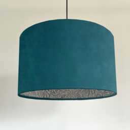 Teal Velvet Drum Lampshade, With William Morris Blue Willow Cotton Interior, Double-Sided Ceiling Light Shade