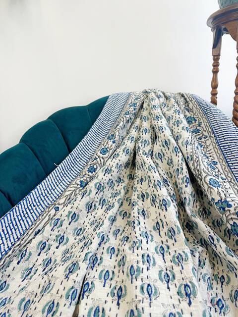 Kantha Stitch Pure Cotton Reversible Bed/Sofa Throw King Size - Handmade Handprinted Floral Dohar Mini Petal Bloom - image 1