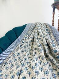 Kantha Stitch Pure Cotton Reversible Bed/Sofa Throw King Size - Handmade Handprinted Floral Dohar Mini Petal Bloom - thumbnail 1