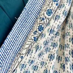 Kantha Stitch Pure Cotton Reversible Bed/Sofa Throw King Size - Handmade Handprinted Floral Dohar Mini Petal Bloom - thumbnail 3