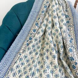Kantha Stitch Pure Cotton Reversible Bed/Sofa Throw King Size - Handmade Handprinted Floral Dohar Mini Petal Bloom - thumbnail 2