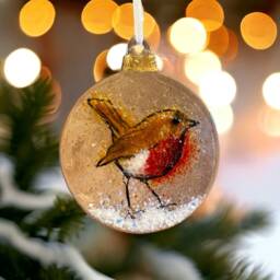 Fused Glass Robin Christmas Bauble Hand Screen Printed Tree Decor - thumbnail 1