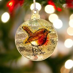 Fused Glass Robin Christmas Bauble Hand Screen Printed Tree Decor - thumbnail 3