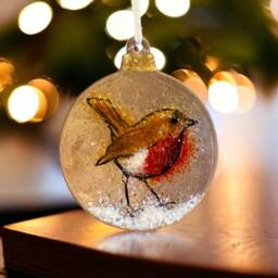 Fused Glass Robin Christmas Bauble Hand Screen Printed Tree Decor - thumbnail 4