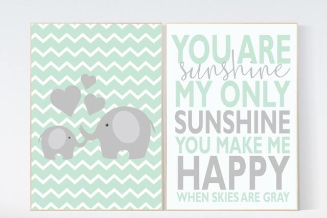 You Are My Sunshine Elephant Nursery Art Print Mint Decor - image 1