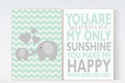You Are My Sunshine Elephant Nursery Art Print Mint Decor - thumbnail 1