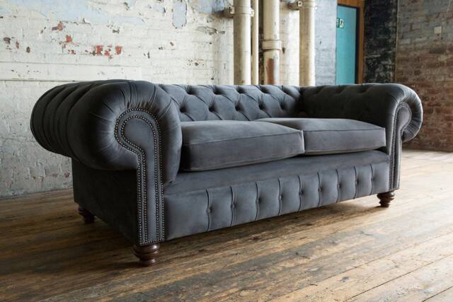 Unique British Handmade Oversized Velvet 3 Seater Chesterfield Sofa - Reflex Cushion Seat Slate Grey - image 1