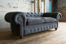 Unique British Handmade Oversized Velvet 3 Seater Chesterfield Sofa - Reflex Cushion Seat Slate Grey