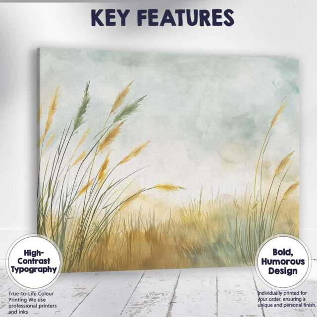 Golden Reed Meadow Misty Watercolour Landscape Canvas Wall Art Print Decor Picture Ready To Hang - image 1