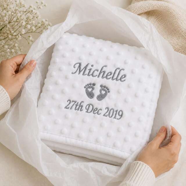 Personalised Baby Blanket Luxury Bubble Style White Script Font Name Date Print - image 1