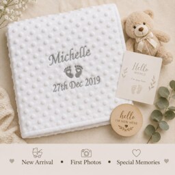 Personalised Baby Blanket Luxury Bubble Style White Script Font Name Date Print - thumbnail 4