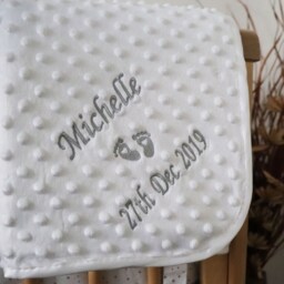 Personalised Baby Blanket Luxury Bubble Style White Script Font Name Date Print - thumbnail 2