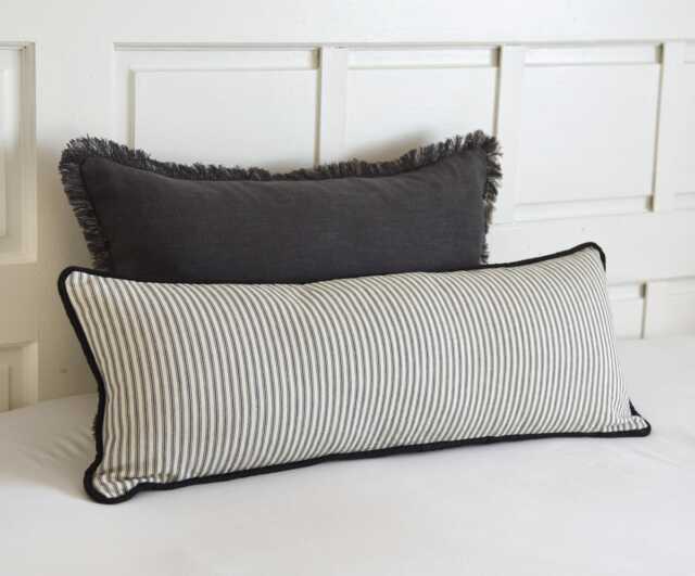 Ticking Stripe Lumbar Cushion Cover Extra Long Bolster Pillow Piping Edge Striped Large Throw Charcoal Ivory Custom Sizes Decorative - image 1