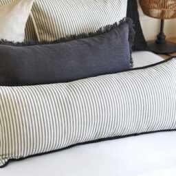 Ticking Stripe Lumbar Cushion Cover Extra Long Bolster Pillow Piping Edge Striped Large Throw Charcoal Ivory Custom Sizes Decorative - thumbnail 3