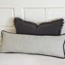 Ticking Stripe Lumbar Cushion Cover Extra Long Bolster Pillow Piping Edge Striped Large Throw Charcoal Ivory Custom Sizes Decorative - thumbnail 2