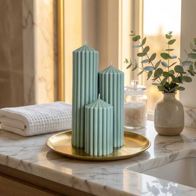 Sage Green Scented Ribbed Pillar Candles - 7cm Diameter - image 1