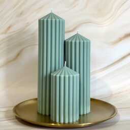 Sage Green Scented Ribbed Pillar Candles - 7cm Diameter - thumbnail 3