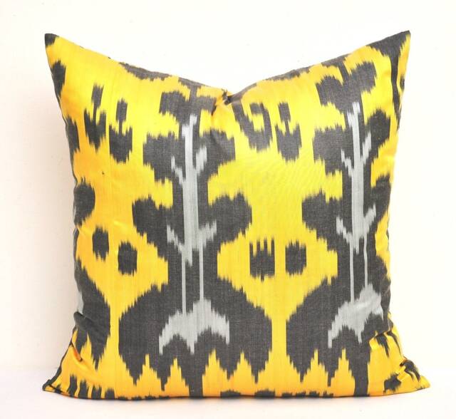 Gold Ikat Pillow Cover, Handmade Silk Cotton Cushion - 20x20 - image 1
