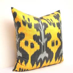 Gold Ikat Pillow Cover, Handmade Silk Cotton Cushion - 20x20 - thumbnail 2