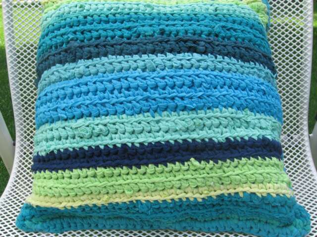 Large T-Shirt Recycling Pillow, Upcycling Turquoise-Green-Blue Decorative Pillow - image 1