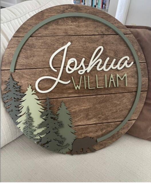 Forest Woodland Nursery Name Sign Personalized 3D Round Wood Bear Baby Evergreen Tree Decor - image 1