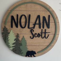 Forest Woodland Nursery Name Sign Personalized 3D Round Wood Bear Baby Evergreen Tree Decor - thumbnail 3