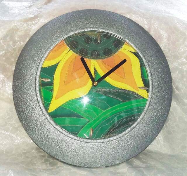 Unusual Embroidered Sunflower Wall Clock Decorated With Silver & Gold Metallic Stitching-30cm - image 1