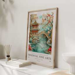 Asian Poster, Art, Home Decor, Chinese Artwork, Print, Gift, Japanese Temple, Teal Wall Art - thumbnail 3