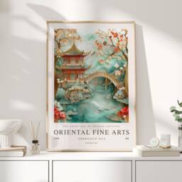 Asian Poster, Art, Home Decor, Chinese Artwork, Print, Gift, Japanese Temple, Teal Wall Art - thumbnail 1