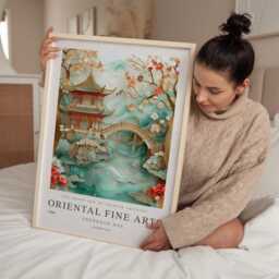Asian Poster, Art, Home Decor, Chinese Artwork, Print, Gift, Japanese Temple, Teal Wall Art - thumbnail 2