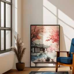 Korean Hanok Tea House Print Autumn Maple Landscape, Asian Art - thumbnail 3