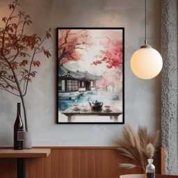 Korean Hanok Tea House Print Autumn Maple Landscape, Asian Art - thumbnail 2