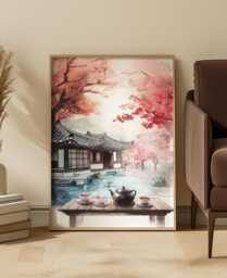 Korean Hanok Tea House Print Autumn Maple Landscape, Asian Art - thumbnail 1