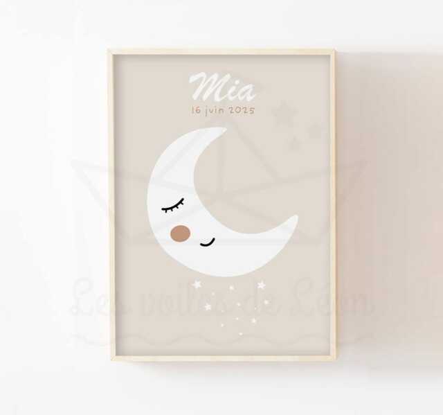 Personalized Moon Poster For Children, Boho Baby Room Decoration, Girl/Boy Birth Gift, Name Poster, Star - image 1
