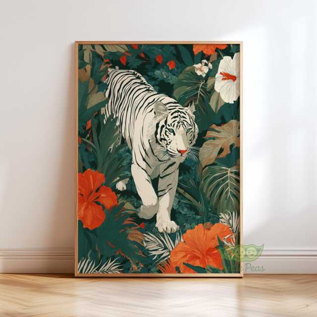 White Tiger Jungle Wall Art, Exotic Wildlife Animal Poster, Lush Tropical Home Decor, Bold Safari Artwork, Vibrant Nature Lover Hanging - image 1