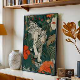 White Tiger Jungle Wall Art, Exotic Wildlife Animal Poster, Lush Tropical Home Decor, Bold Safari Artwork, Vibrant Nature Lover Hanging - thumbnail 2