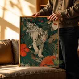 White Tiger Jungle Wall Art, Exotic Wildlife Animal Poster, Lush Tropical Home Decor, Bold Safari Artwork, Vibrant Nature Lover Hanging - thumbnail 3