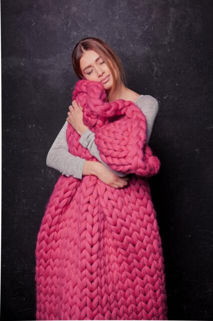 Merino Wool Chunky Knit Blanket, Dark Pink Giant Throw - image 1