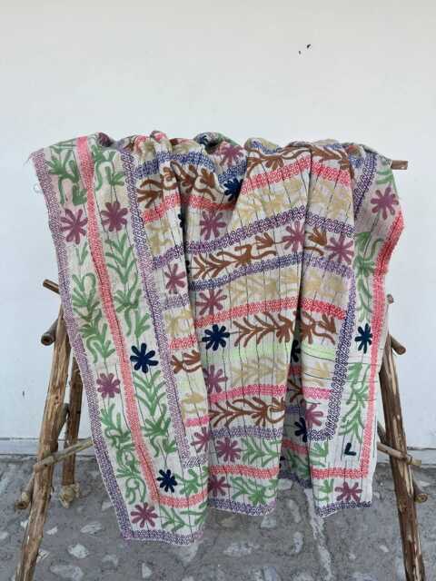 Vintage Suzani Kantha Quilt Unique Handmade Cotton Embroidered Reversible Bohemian Bedding Blanket - image 1