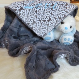 Personalized Minky Baby Blanket, Gray Damask, Shower Gift, Usa Handcrafted - thumbnail 2