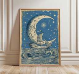 Moon Boat Poster, Celestial Ship Illustration, Nautical Fantasy Art Print - thumbnail 1