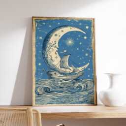 Moon Boat Poster, Celestial Ship Illustration, Nautical Fantasy Art Print - thumbnail 2