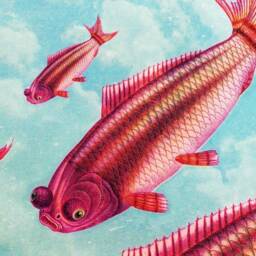 Goldfish, Koi, Sky, Clouds, 1900S, Fish, Wall Hanging, Pull Down Chart, Surreal, Fantasy, Nature, Ocean Lover, Antique Image - thumbnail 2